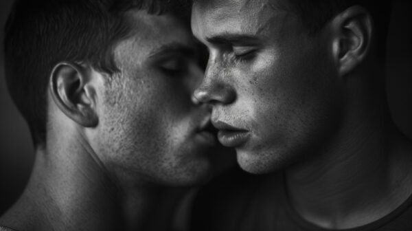 Dois homens em posição próxima de um beijo em uma imagem em preto e branco, capturando um momento de afeto e intimidade.