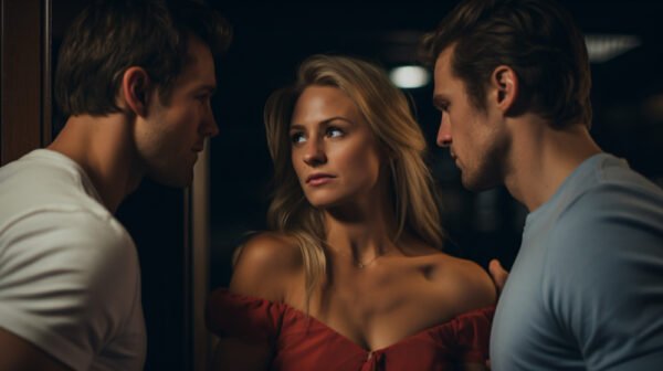 Três pessoas se encarando em um ambiente escuro, com expressões faciais que transmitem curiosidade e tensão.